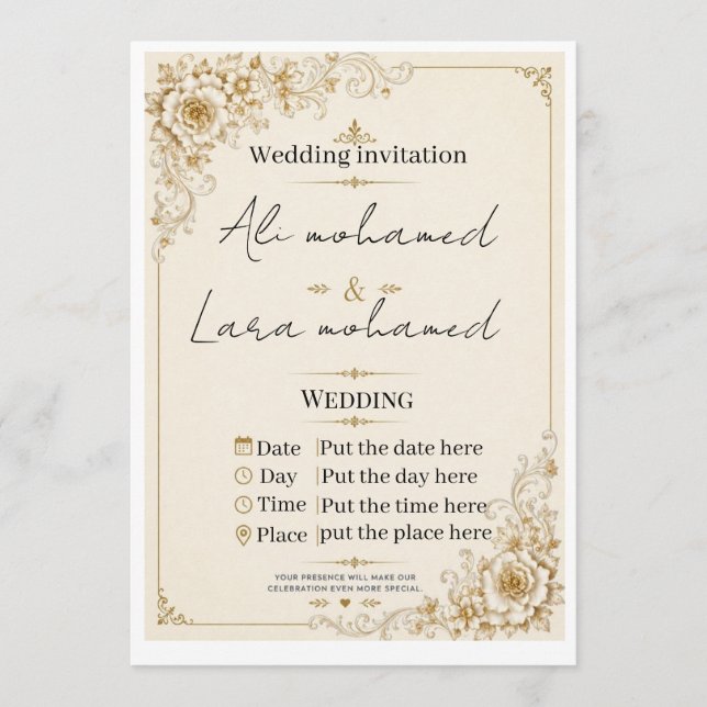 Convite de Casamento Floral Dourado Elegante (Frente)