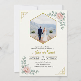 Convite de Casamento Floral Dourado Elegante | BoM