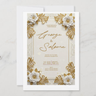 Convite de Casamento Floral Dourado Luxuoso Elegan