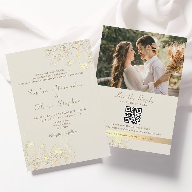 Convite de Casamento Floral Dourado Marfim Código  (Criador carregado)