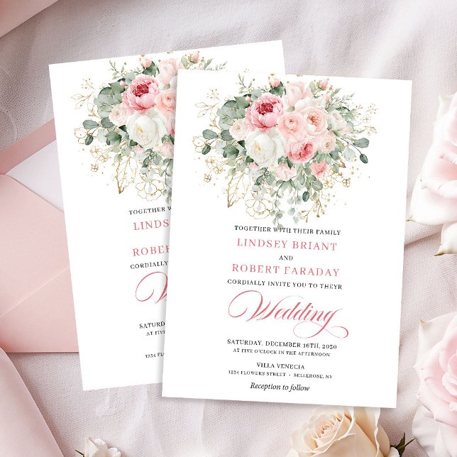 Convite de Casamento Floral Dourado Peônia Blush M (Trendy Blush Peony Gold Floral Wedding Invitation)