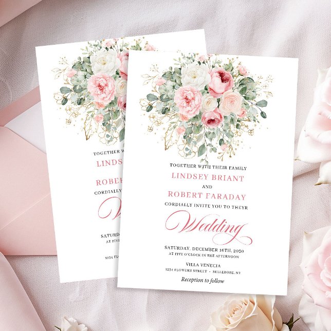 Convite de Casamento Floral Dourado Peônias Boho B (Boho Blush Peonies Gold Floral Wedding Invitation)