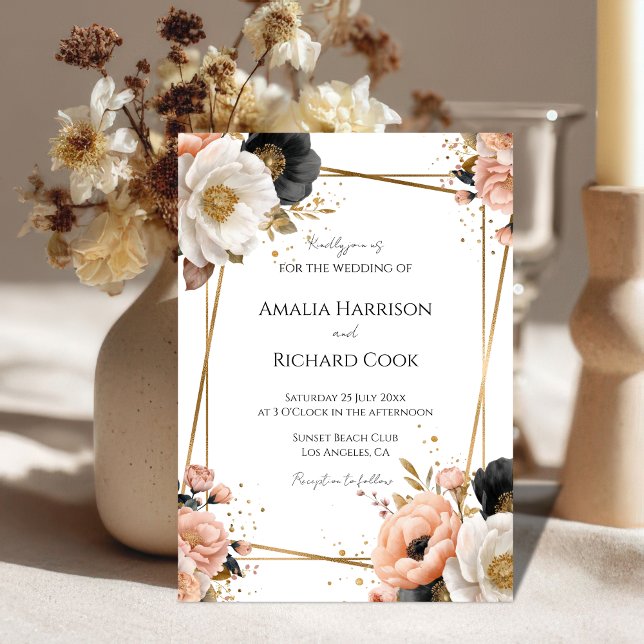 Convite de Casamento Floral Dourado Preto Personal (Criador carregado)