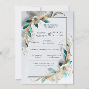 Convite de Casamento Floral Dourado Turquesa