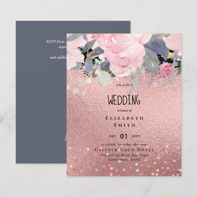 Convite de casamento Floral Dusty Blue Rosegold (Frente/Verso)