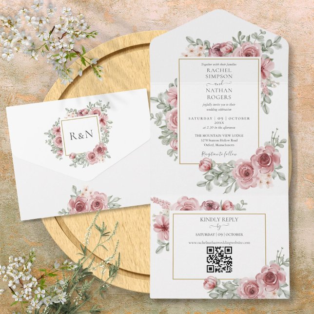 Convite de Casamento Floral Dusty Rose Código QR (Floral Dusty Rose QR Code Wedding All In One Invitation)