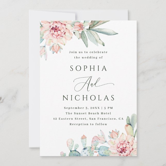 Convite de Casamento Floral e Cactus com Efeito Aq (Frente)