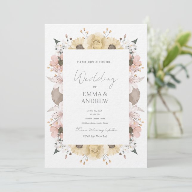 Convite de Casamento Floral – Elegante  (Em pé/Frente)