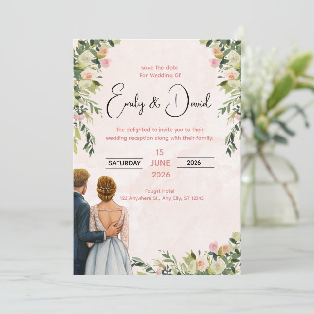 Convite de Casamento Floral Elegante (Em pé/Frente)