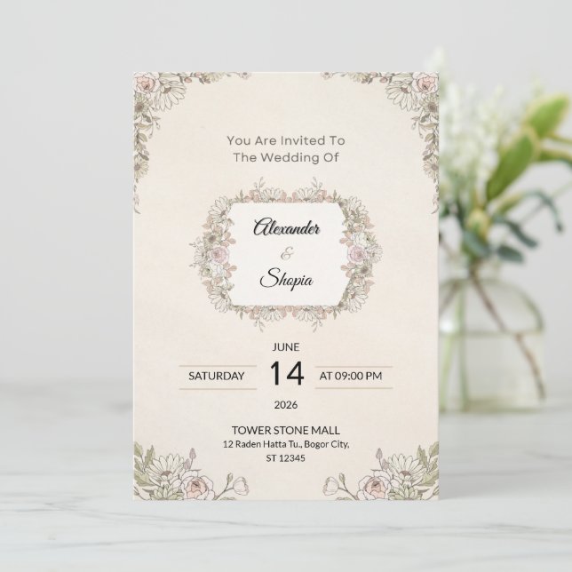 Convite de Casamento Floral Elegante (Em pé/Frente)