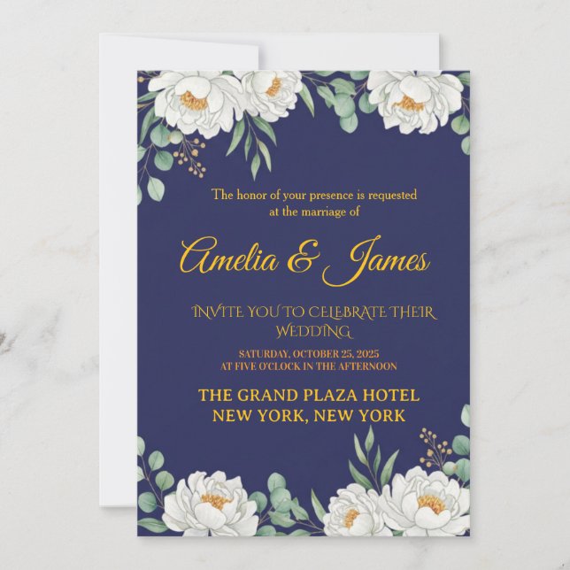 Convite de Casamento Floral Elegante Azul Marinho (Frente)
