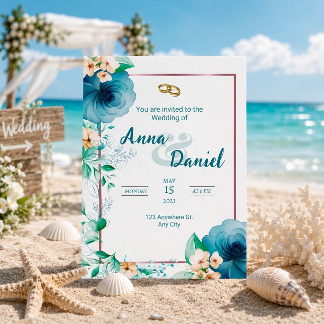 Convite de Casamento Floral Elegante Azure Bloom (Criador carregado)