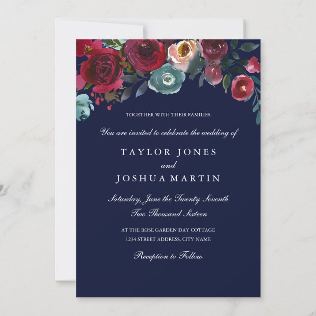 Convite de Casamento Floral Elegante Burgundy Navy (Frente)