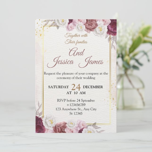 Convite de Casamento Floral Elegante Cartão Modern (Em pé/Frente)