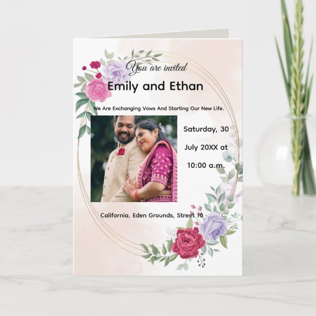 Convite de Casamento Floral Elegante com Casal. (Frente)