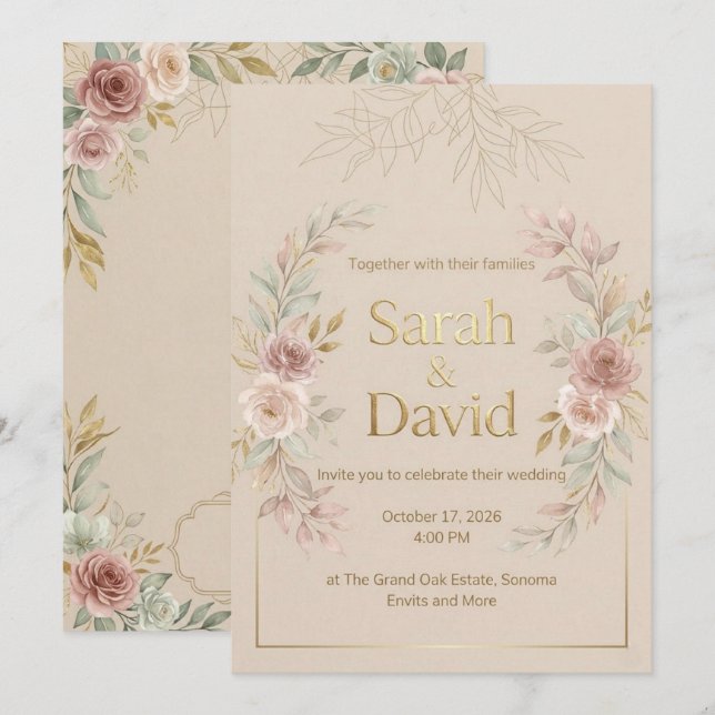Convite de Casamento Floral Elegante com Folha de  (Frente/Verso)
