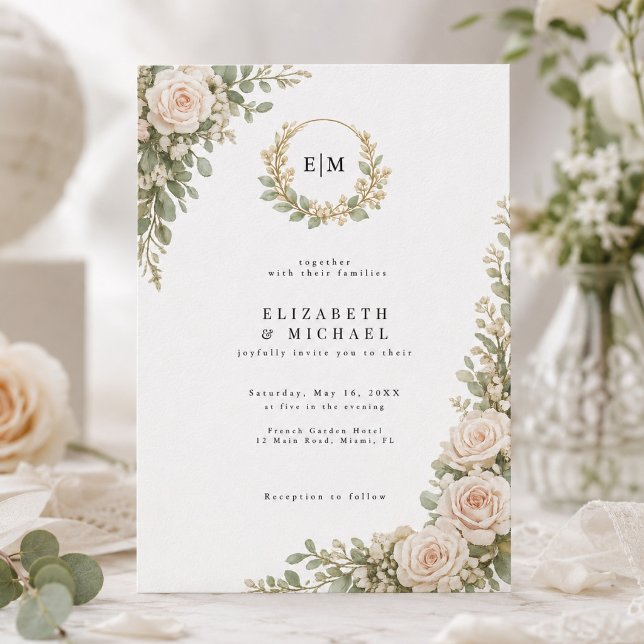 Convite de Casamento Floral Elegante Coroa de Verd (Criador carregado)