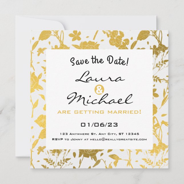 Convite de Casamento Floral Elegante Dourado (Frente)