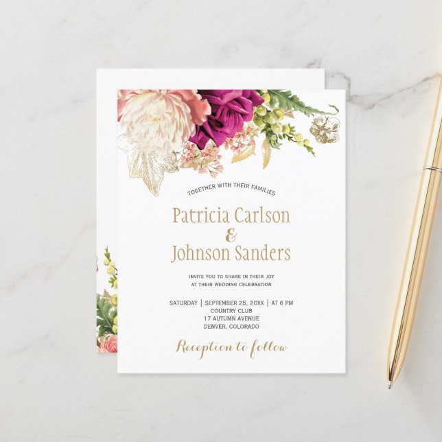 Convite de casamento floral elegante econômico (Frente/Verso In Situ)