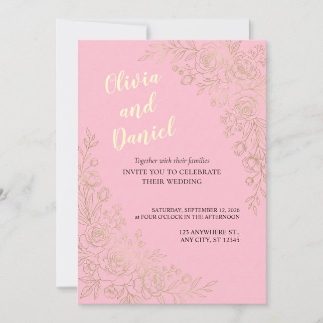 Convite de Casamento Floral Elegante em Dourado Ro (Frente)