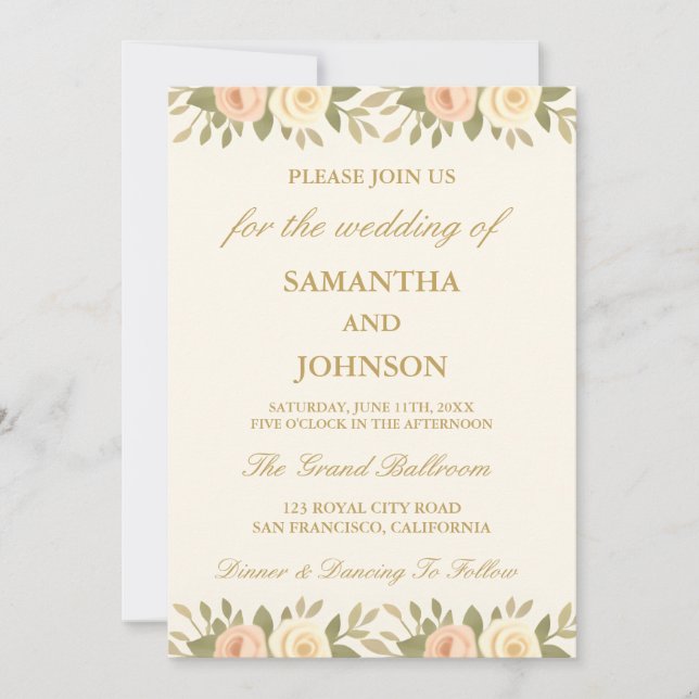 Convite de Casamento Floral Elegante em Marfim Ant (Frente)