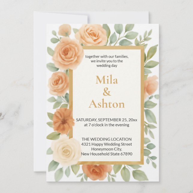 Convite de Casamento Floral Elegante em Pêssego –  (Frente)