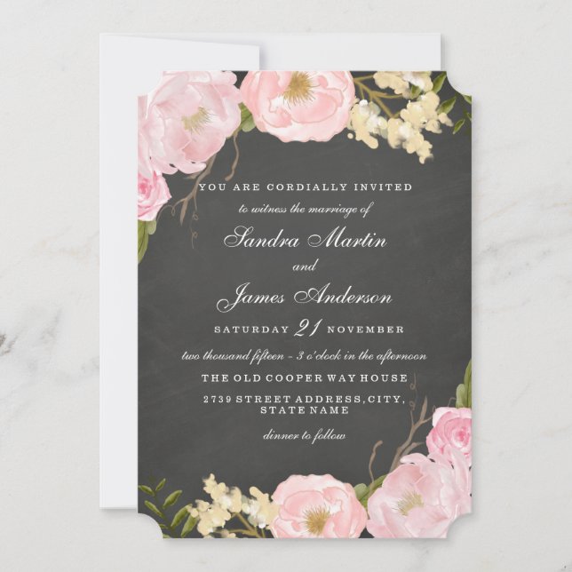 Convite de Casamento Floral Elegante em Quadro Neg (Frente)