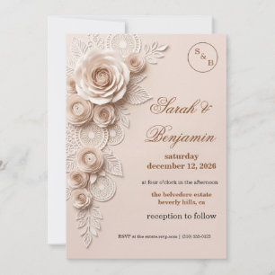 Convite de Casamento Floral Elegante em Rosa com C