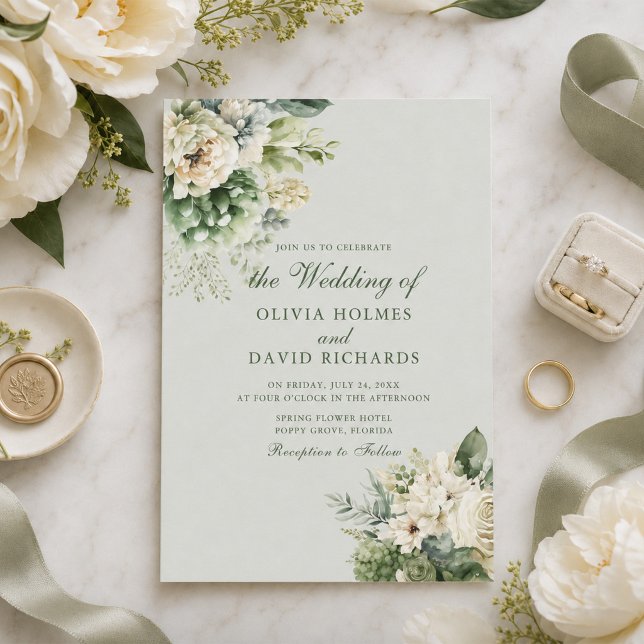 Convite de Casamento Floral Elegante em Verde Sage (Soft Sage Green Floral Elegant Wedding Invitation)