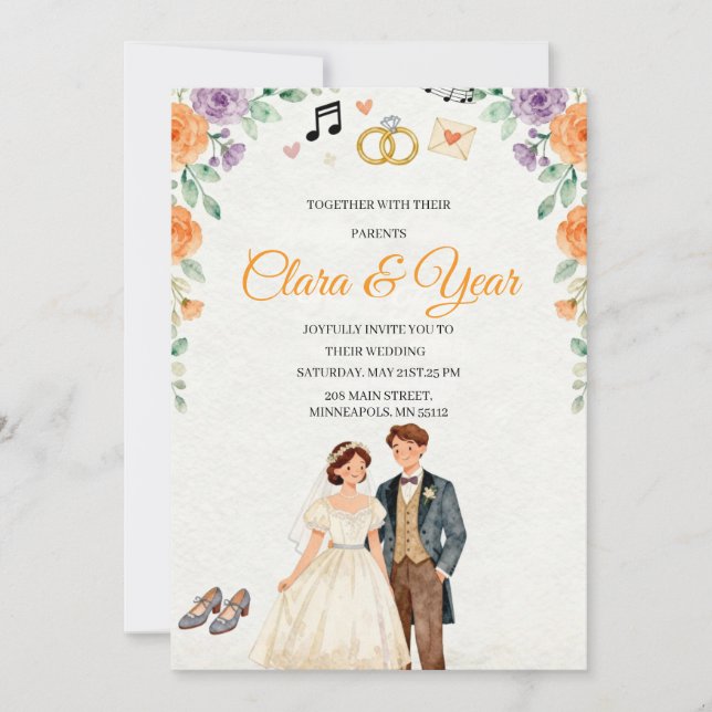 Convite de Casamento Floral Elegante | Garde Român (Frente)