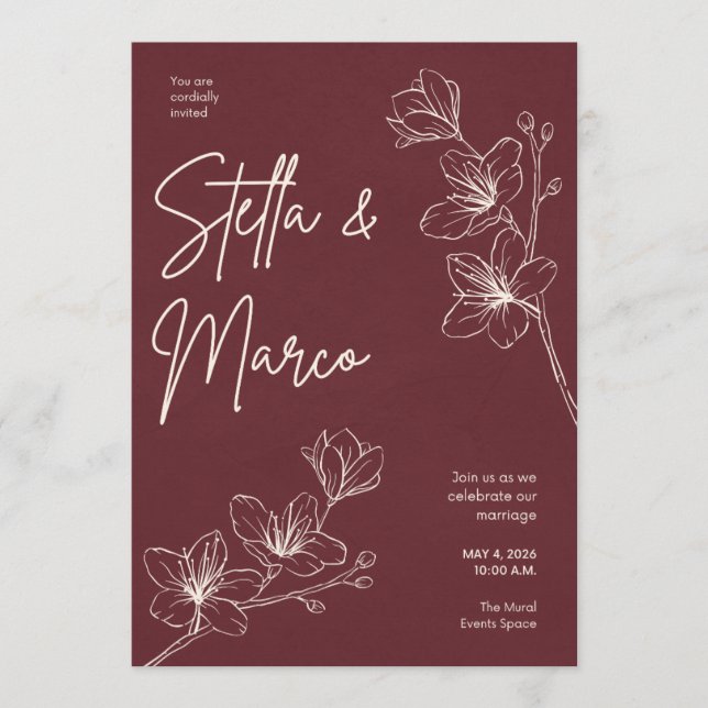 Convite de Casamento Floral Elegante – Marrom Escu (Frente)