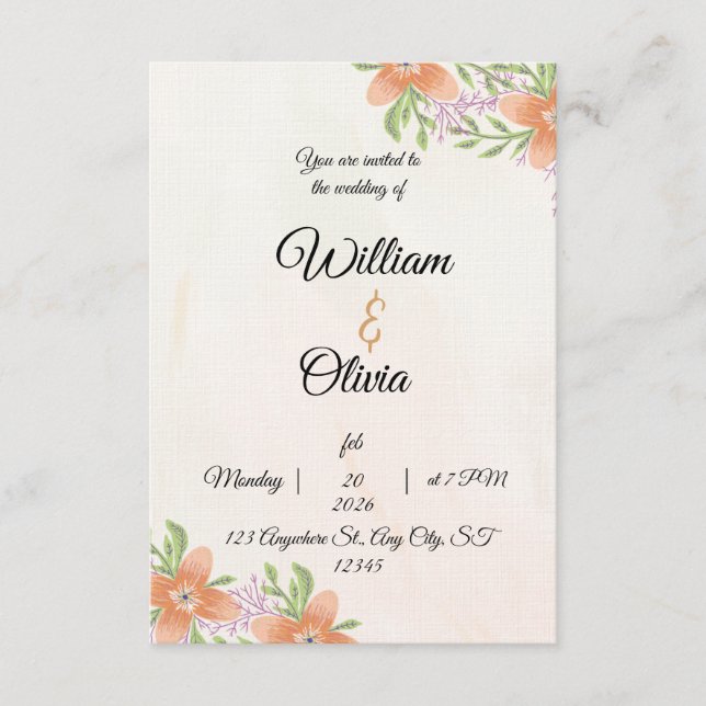 Convite de Casamento Floral Elegante | Pêssego e V (Frente)