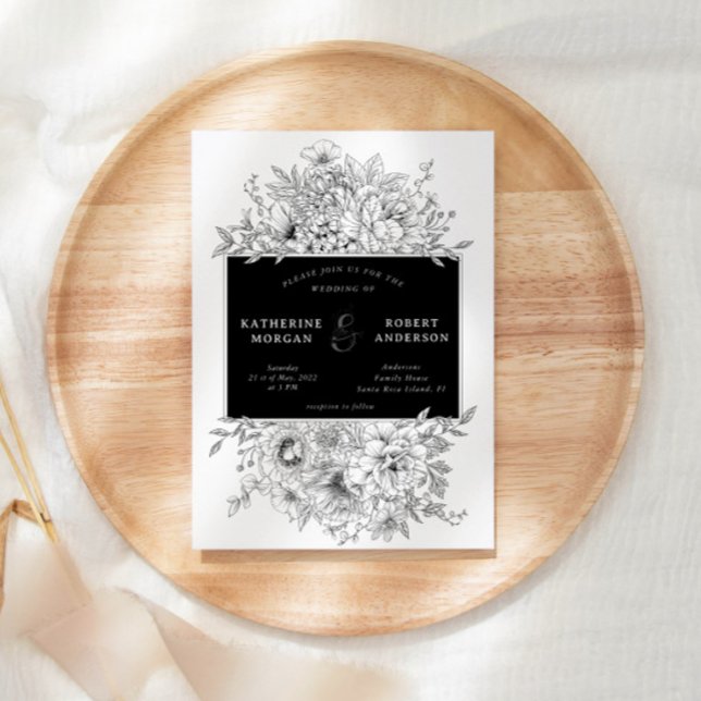 Convite de Casamento Floral Elegante Preto e Branc (Criador carregado)