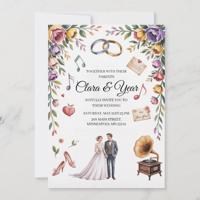 Convite de Casamento Floral Elegante | Romântico J (Frente)