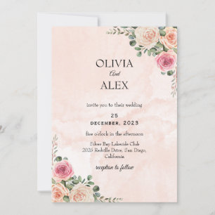 Convite de Casamento Floral Elegante Rosa Creme