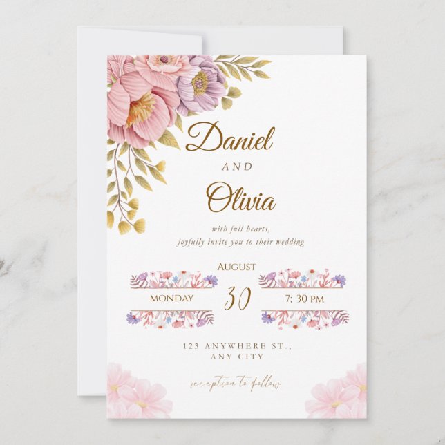 Convite de Casamento Floral Elegante | Rosa Românt (Frente)