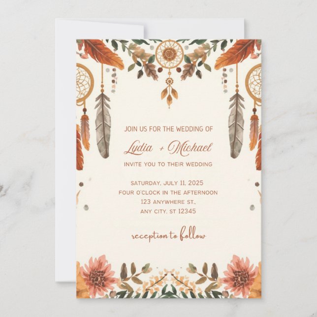 Convite de Casamento Floral Elegante | Rústico Boh (Frente)