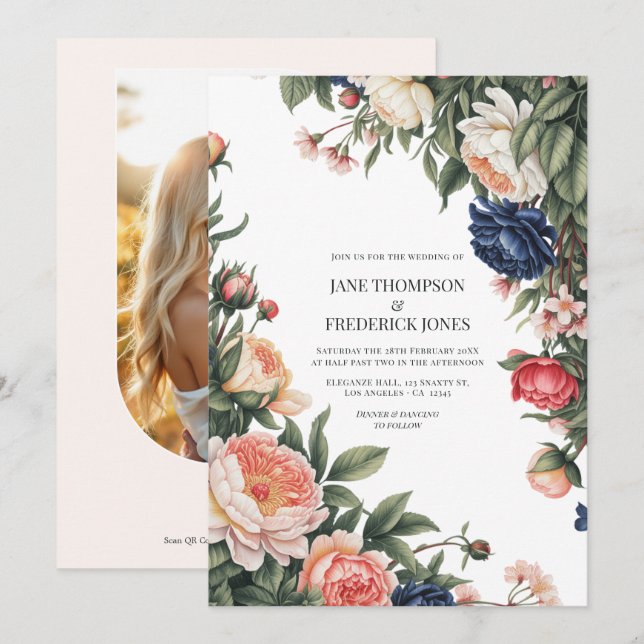 Convite de Casamento Floral Elegante Sage, Azul Ma (Frente/Verso)