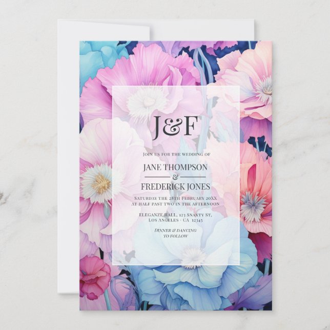 Convite de Casamento Floral em Aqua Suave e Rosa C (Frente)