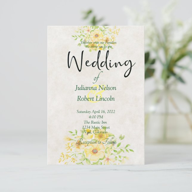 Convite de casamento floral em aquarela amarela (Em pé/Frente)