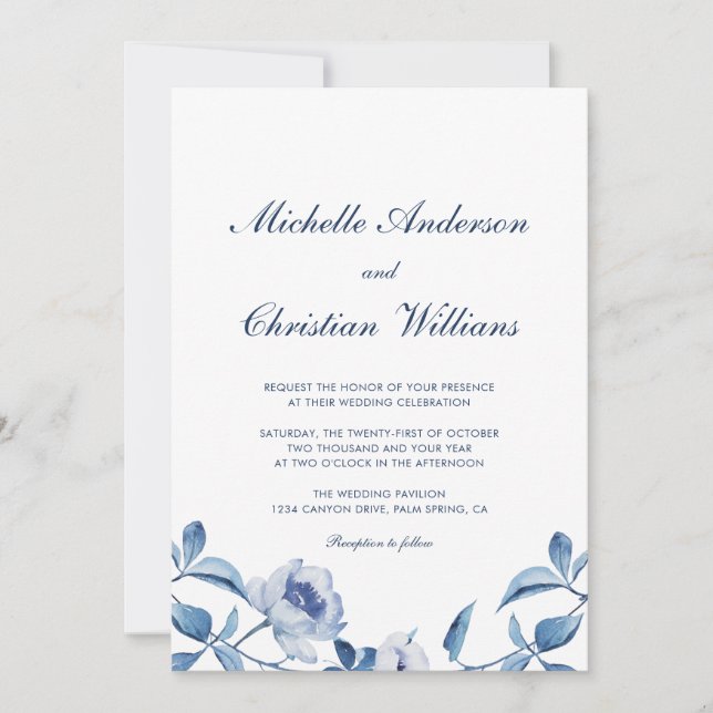 Convite de Casamento Floral em Aquarela Azul (Frente)