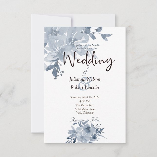 Convite de casamento floral em aquarela azul (Frente)