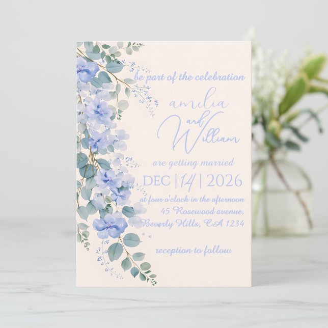Convite de Casamento Floral em Aquarela Azul (Em pé/Frente)
