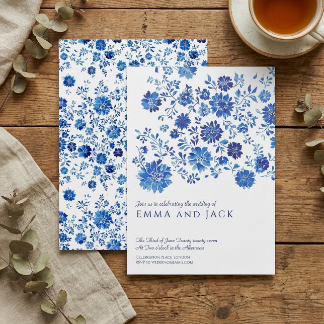 Convite de Casamento Floral em Aquarela Azul (Blue Watercolor Floral Wedding Invitation)