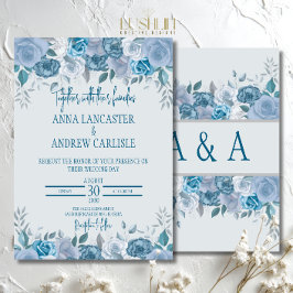 Convite de Casamento Floral em Aquarela Azul Desbo