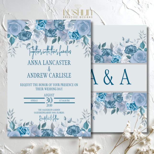 Convite de Casamento Floral em Aquarela Azul Desbo (Criador carregado)