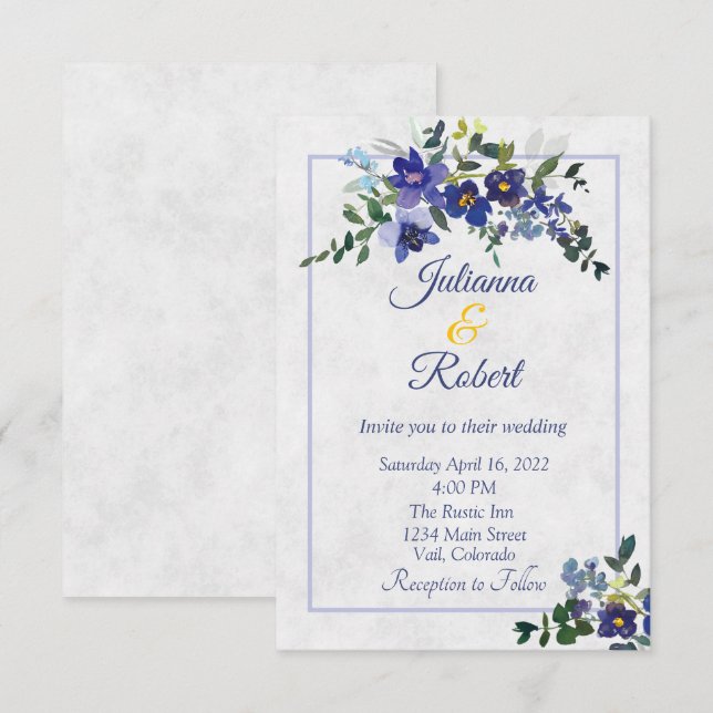 Convite de casamento floral em aquarela azul e ama (Frente/Verso)