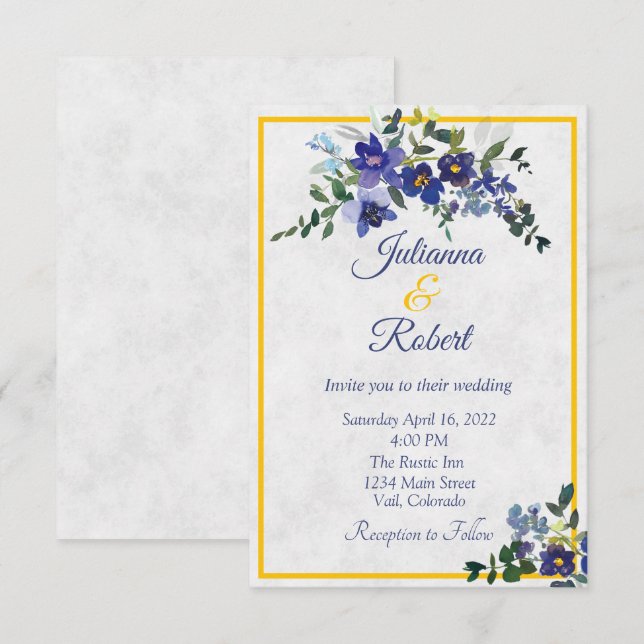 Convite de casamento floral em aquarela azul e ama (Frente/Verso)