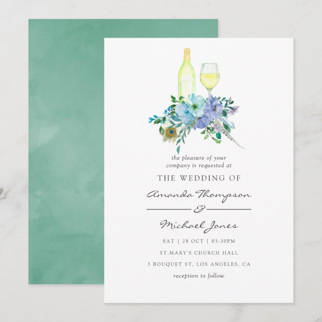 Convite de Casamento Floral em Aquarela Azul e Hor (Frente/Verso)