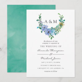 Convite de Casamento Floral em Aquarela Azul e Hor